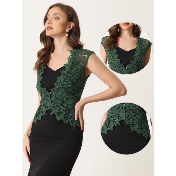 Floral Lace Shrug Wedding Guest Cap Sleeve Sheer Bolero Cardigan Dark Green - Picture 2 of 6